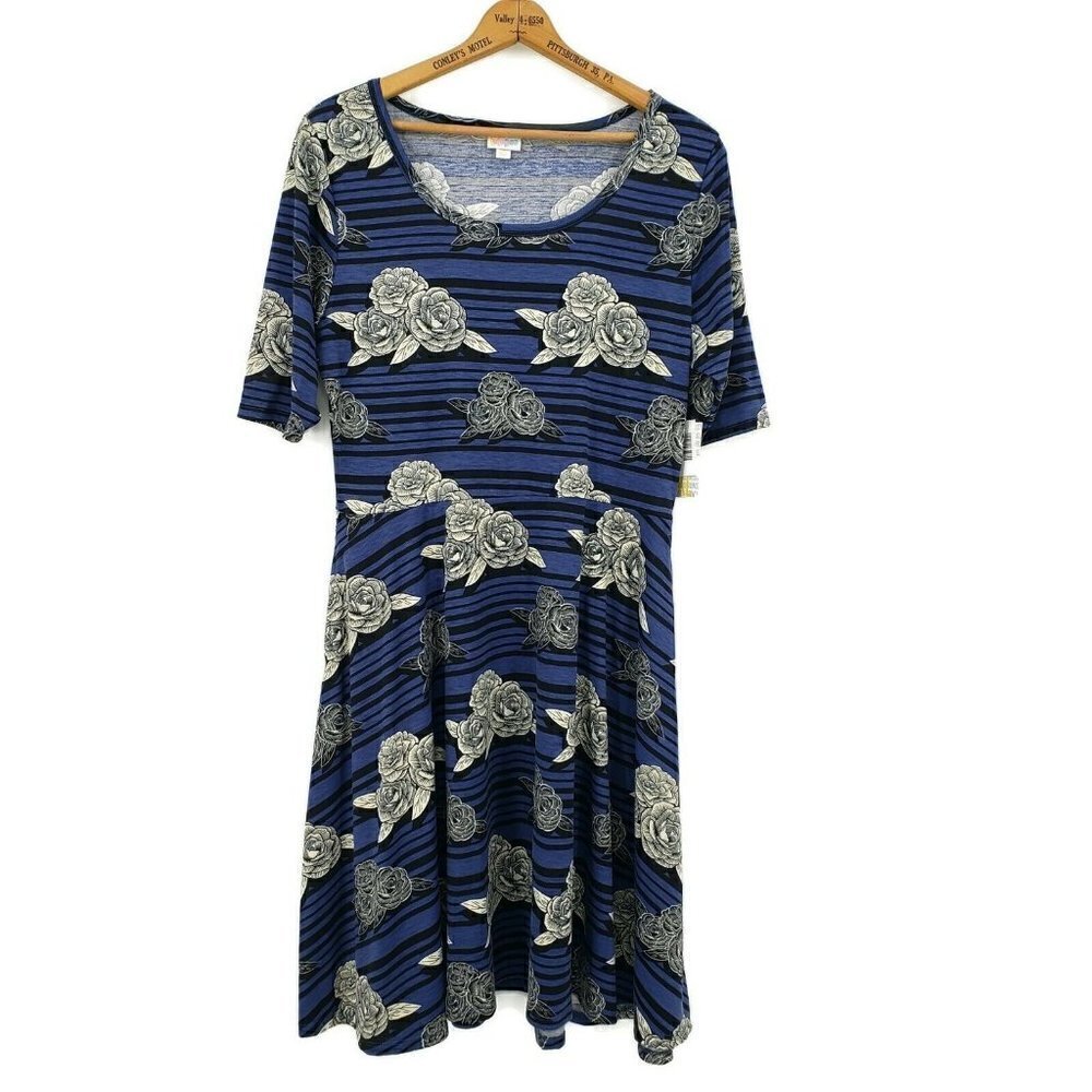 New Lularoe Nicole Dress Womens 3XL Blue Black Stripes Roses Pockets
